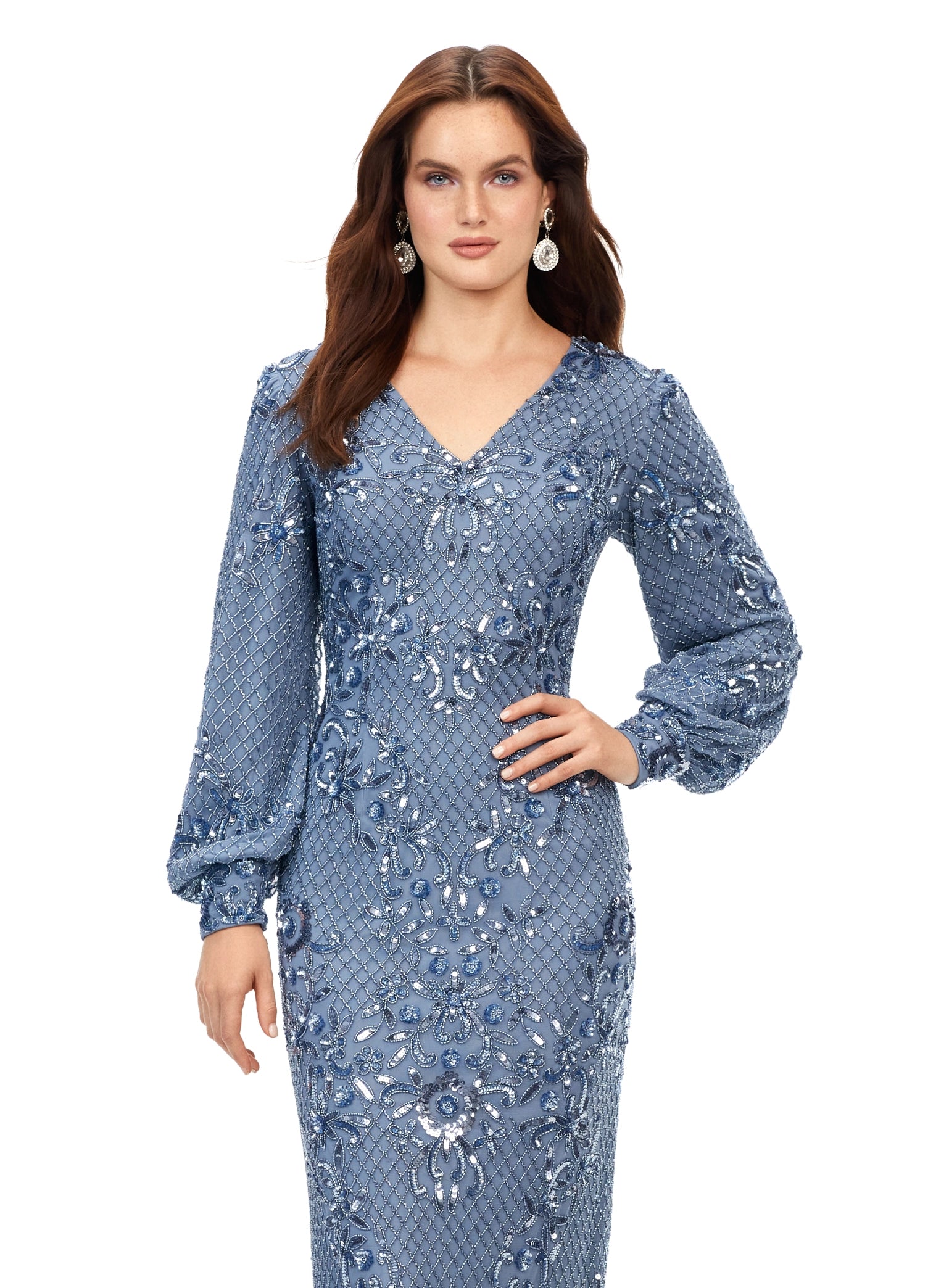 Ashley Lauren 11193 Beaded V-Neck Gown With Bishop Sleeves Fully Sequin Formal Dress. This ultra chic v-neck gown features an ornate bead pattern throughout, and carries onto the bishop sleeves. The full zipper high back, and center back vent completes the look.