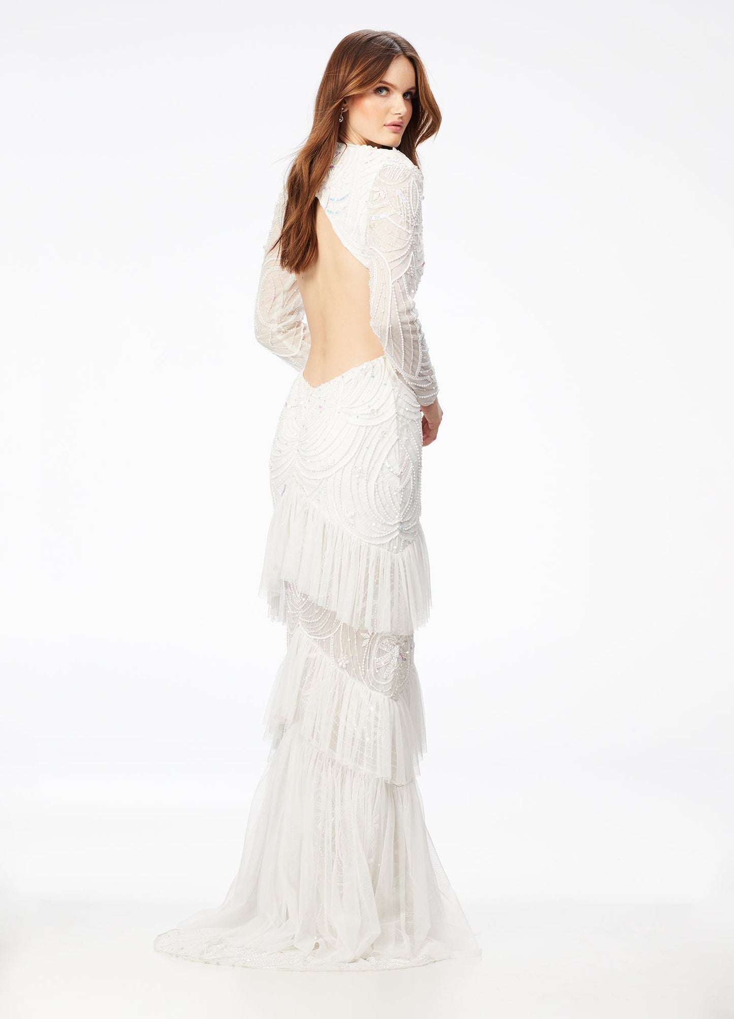 Ashley Lauren 11199 Bring the drama in this v neckline beaded evening gown featuring sleeves and ruffles. The gown is perfectly accented by a center slit and a sweep train.  Available colors:  Ivory, Neon Blue
