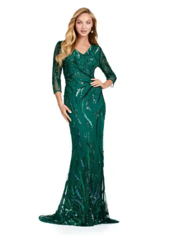Ashley Lauren 11205 Long Prom Three Quarter Sleeve V-Neck High Back Fit And Flare Fully Beaded Formal Gown