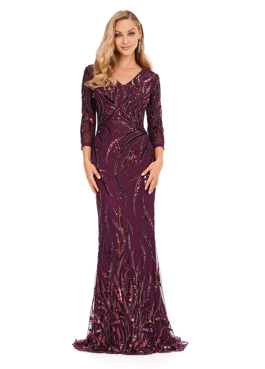 Ashley Lauren 11205 Three Quarter Sleeve V-Neck High Back Fit And Flare Fully Beaded Formal Gown. A sophisticated three quarter sleeve fitted gown. This look features a fully sequin beaded design throughout and a flattering v-neckline.