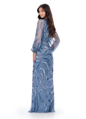 Ashley Lauren 11210 Long Prom V-Neck Ballgown Sleeves High Back Fully Hand Beaded Even Gown
