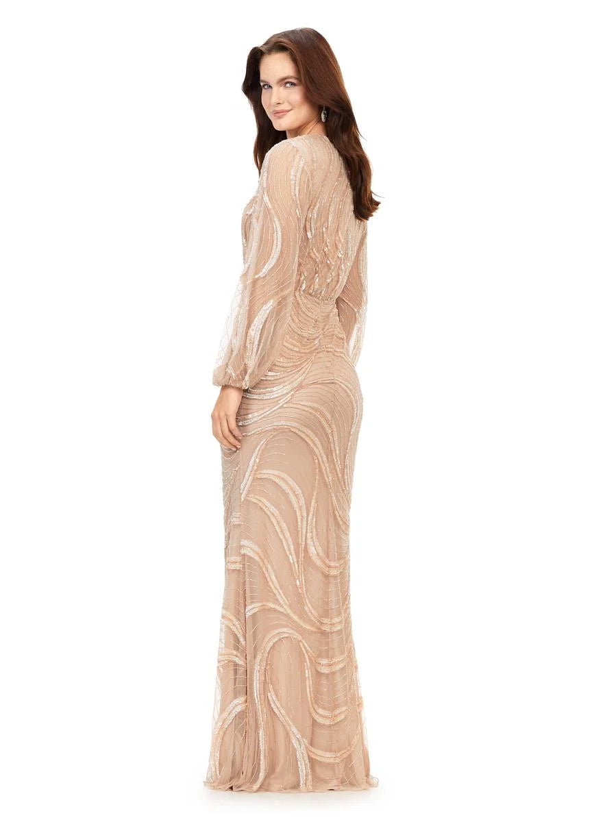 Ashley Lauren 11210 Long Prom V-Neck Ballgown Sleeves High Back Fully Hand Beaded Even Gown