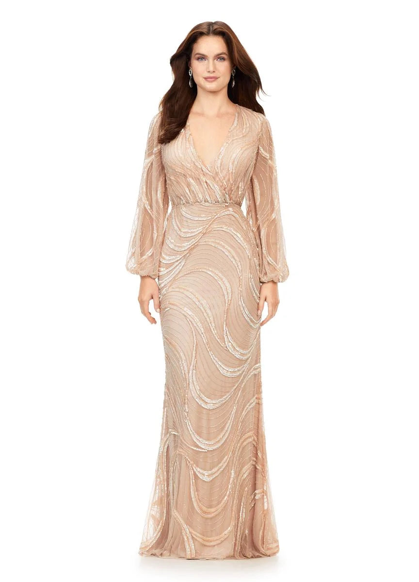 Ashley Lauren 11210 Long Prom V-Neck Ballgown Sleeves High Back Fully Hand Beaded Even Gown