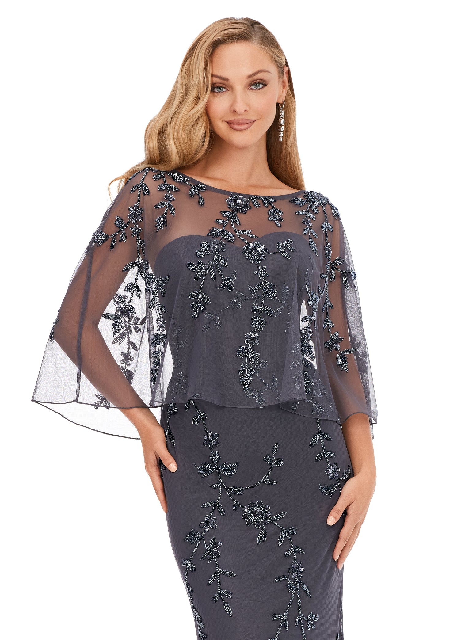 Ashley Lauren 11211 Strapless Floral Bead Modif Gown With Detachable Overlay Sweetheart Neckline Evening Gown. Dazzle in this sophisticated evening gown. This strapless beaded gown is paired with a light detachable overlay. The gown and overlay are adorned wih a floral beaded motif.