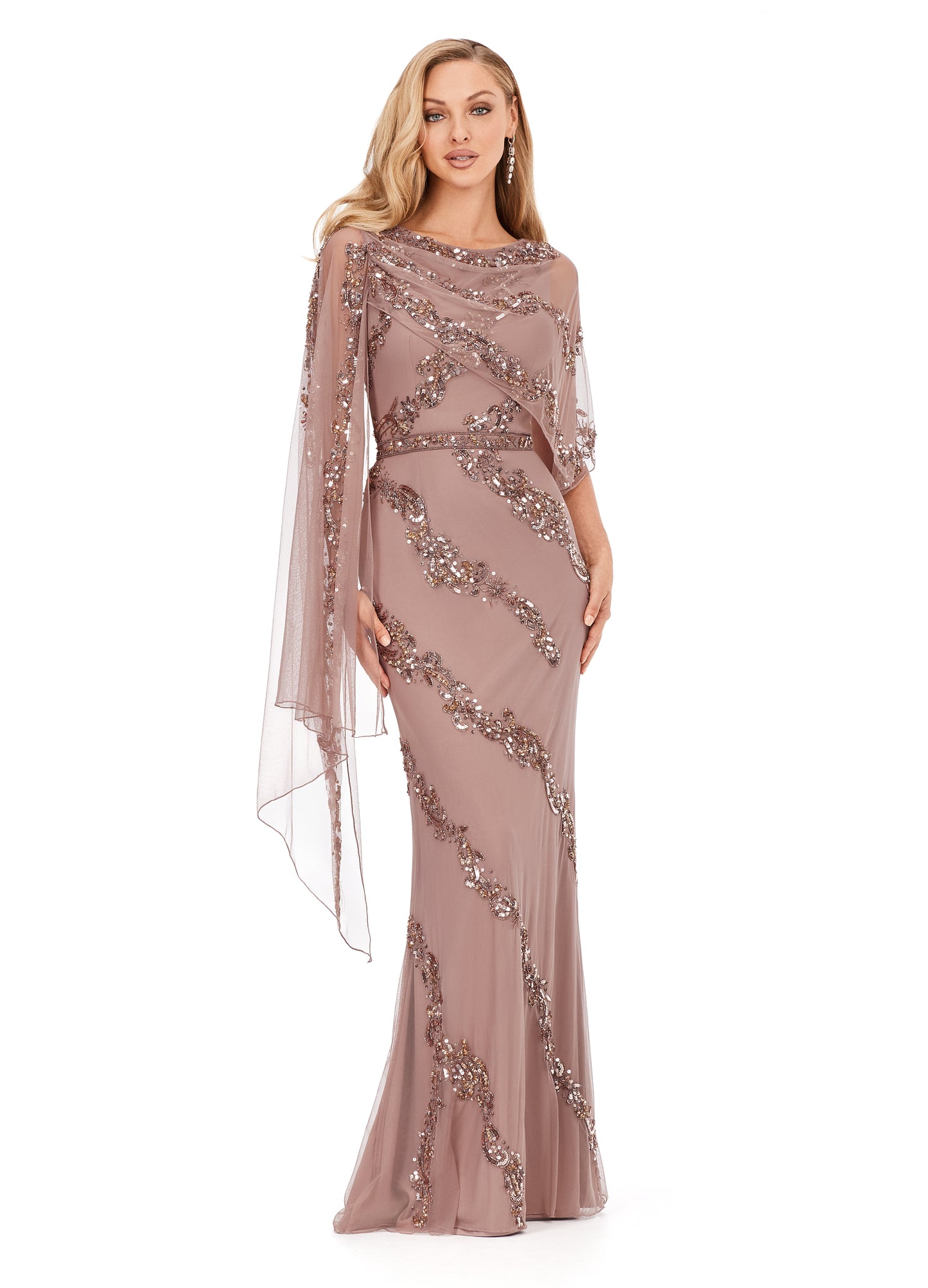 Ashley Lauren 11213 Asymmetric Detachable Overlay High Back Fully Hand Beaded Crew Neckline Evening Dress. This stunning evening gown is complete with an intricate bead motif. The bustier is adorned with an asymmetrical overlay which falls down the left arm.