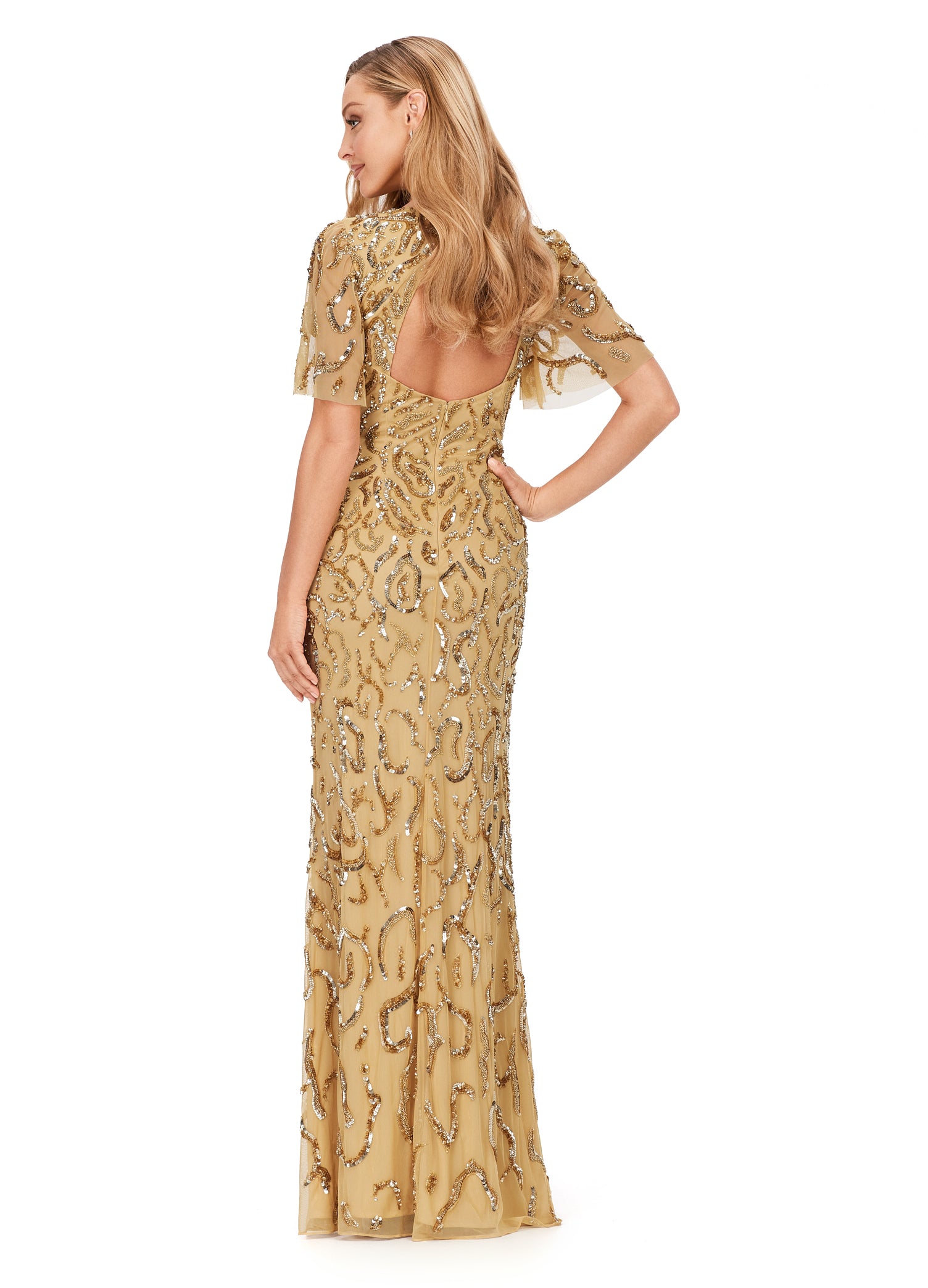 Ashley Lauren 11216 Butterfly Sleeve Fully Beaded Crew Neckline Keyhole Back Evening Dress. Dazzle at your next event in this elegant gown featuring butterfly sleeves, a keyhole back and sequin beading throughout.