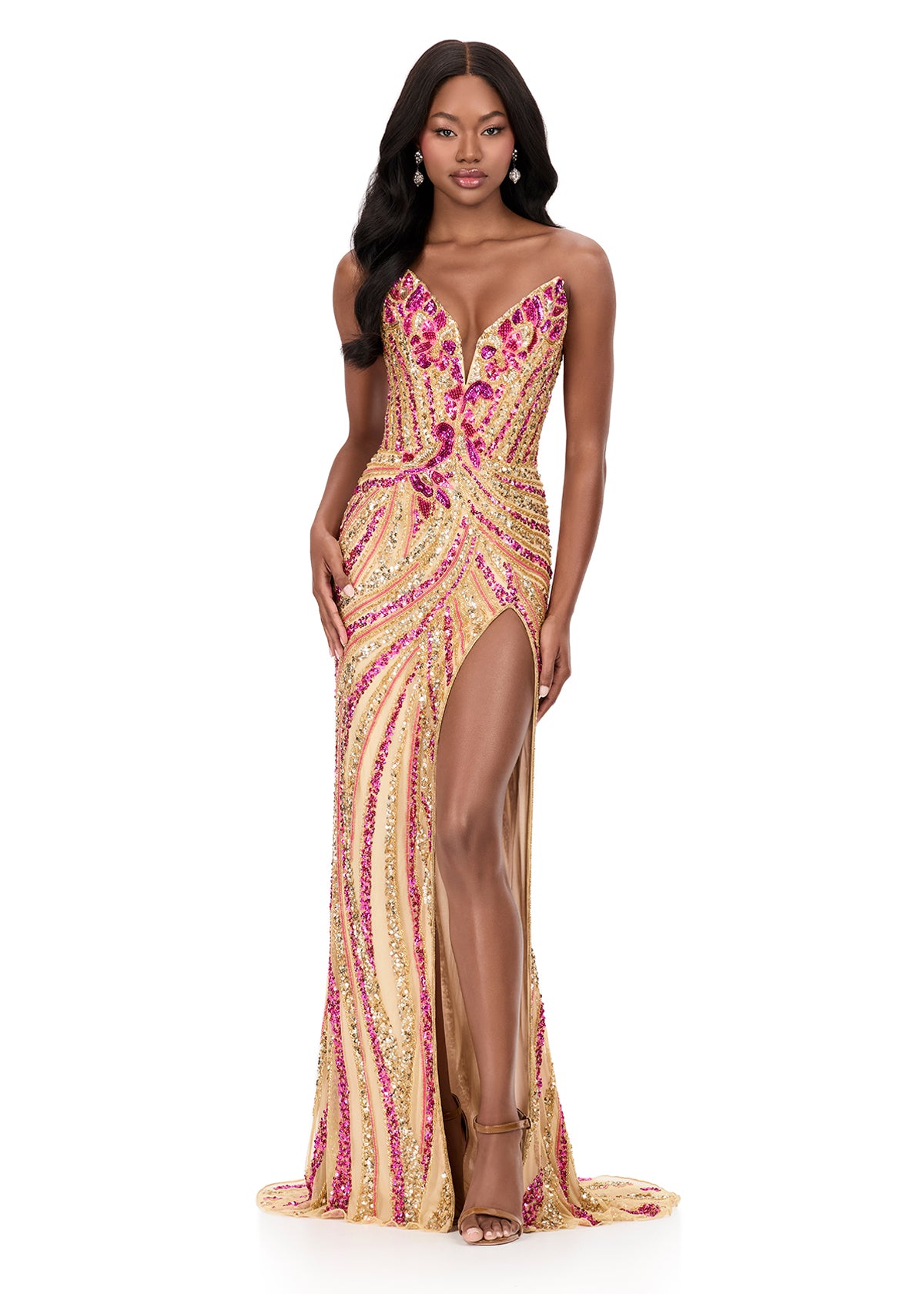 Ashley Lauren 11236 Long Fitted V-Neck Beaded Sequin Prom Dress