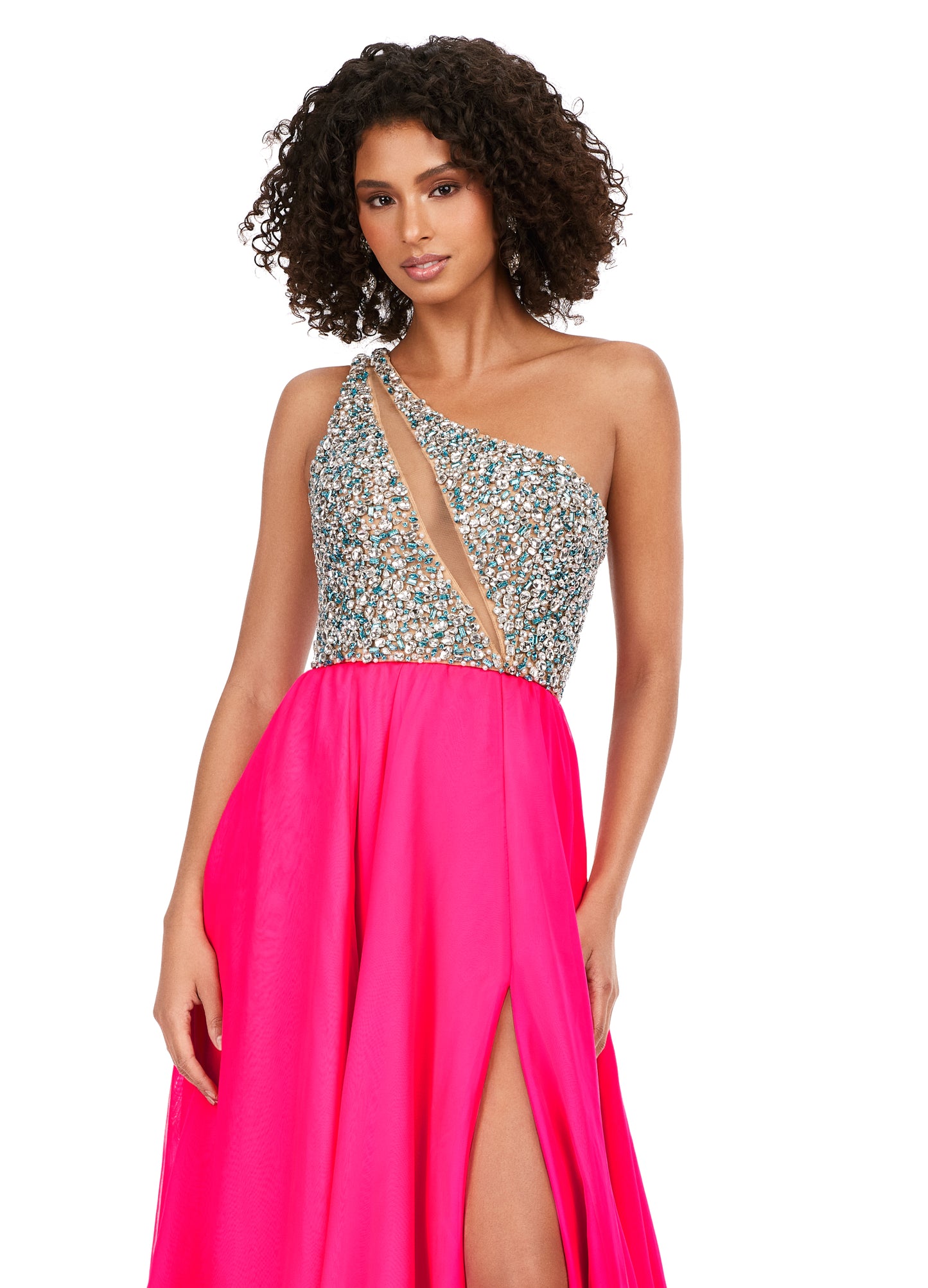 Ashley Lauren 11245 Chiffon Gown With Beaded Bustier A-Line Crystal Detail Prom Dress. Turn heads in this gorgeous chiffon gown featuring a combination of clear and turquoise beading on the bustier. The asymmetrical neckline is complete with an illusion cut out.