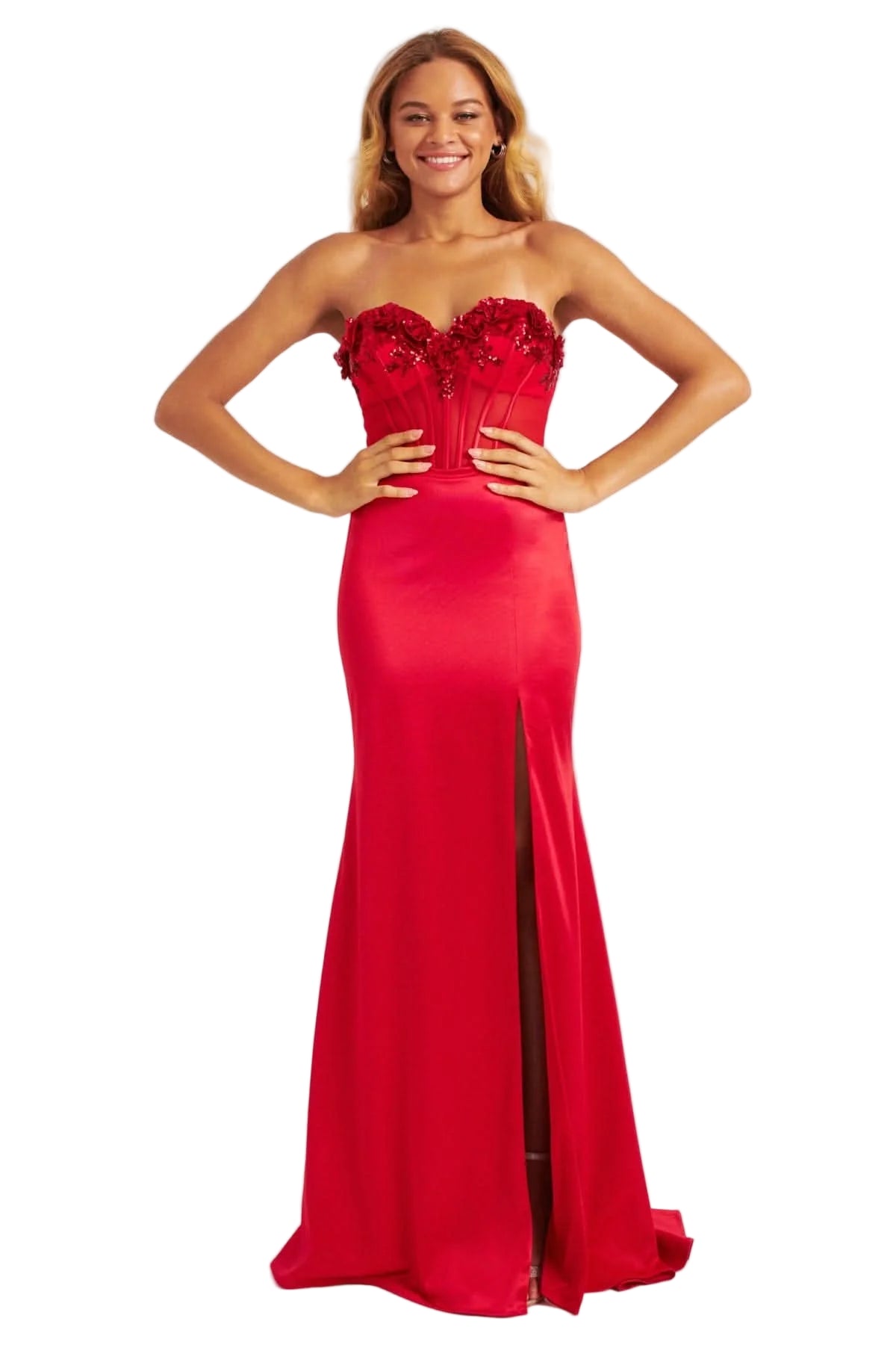 Make a bold entrance in the Faviana 11248 prom dress, size 6. This striking red gown features a long, backless design with a sheer corset top embellished with sparkling sequins and delicate floral patterns. The daring slit enhances its sleek simplicity, giving you a confident and unforgettable look for your special night.

Size: 6

Color: Red