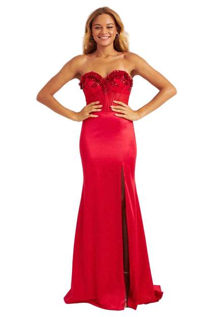 Make a bold entrance in the Faviana 11248 prom dress, size 6. This striking red gown features a long, backless design with a sheer corset top embellished with sparkling sequins and delicate floral patterns. The daring slit enhances its sleek simplicity, giving you a confident and unforgettable look for your special night.

Size: 6

Color: Red
