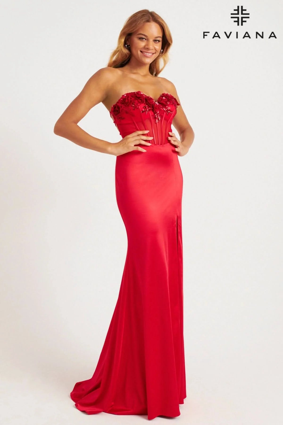 Make a bold entrance in the Faviana 11248 prom dress, size 6. This striking red gown features a long, backless design with a sheer corset top embellished with sparkling sequins and delicate floral patterns. The daring slit enhances its sleek simplicity, giving you a confident and unforgettable look for your special night.

Size: 6

Color: Red