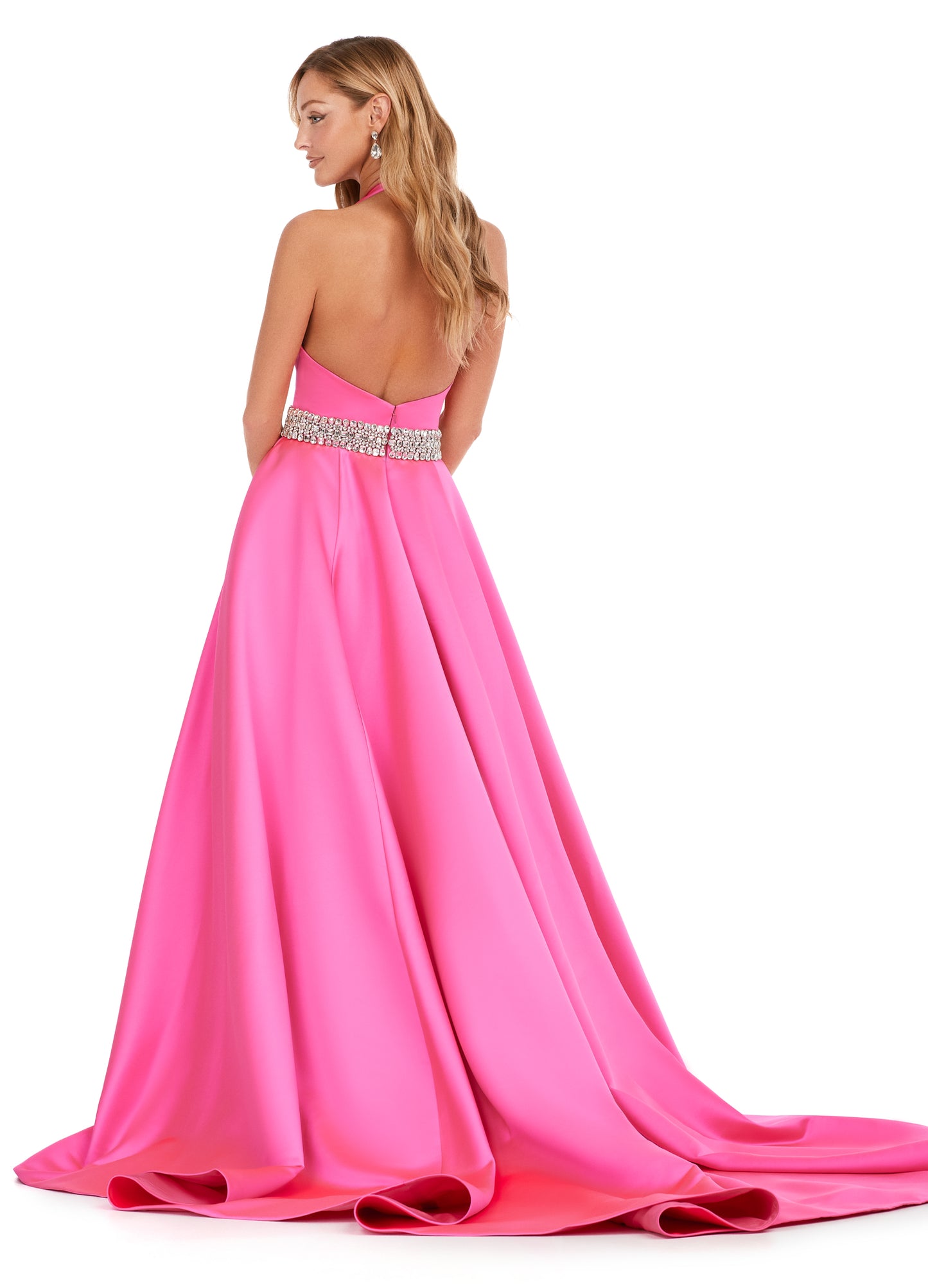 Ashley Lauren 11249 V-Neck Heavy Satin Ballgown Halter Top Open Back Crystal Belt Formal Gown. Make a statement in this beautiful long satin dress, featuring a halter neckline and crystal beaded accent belt.