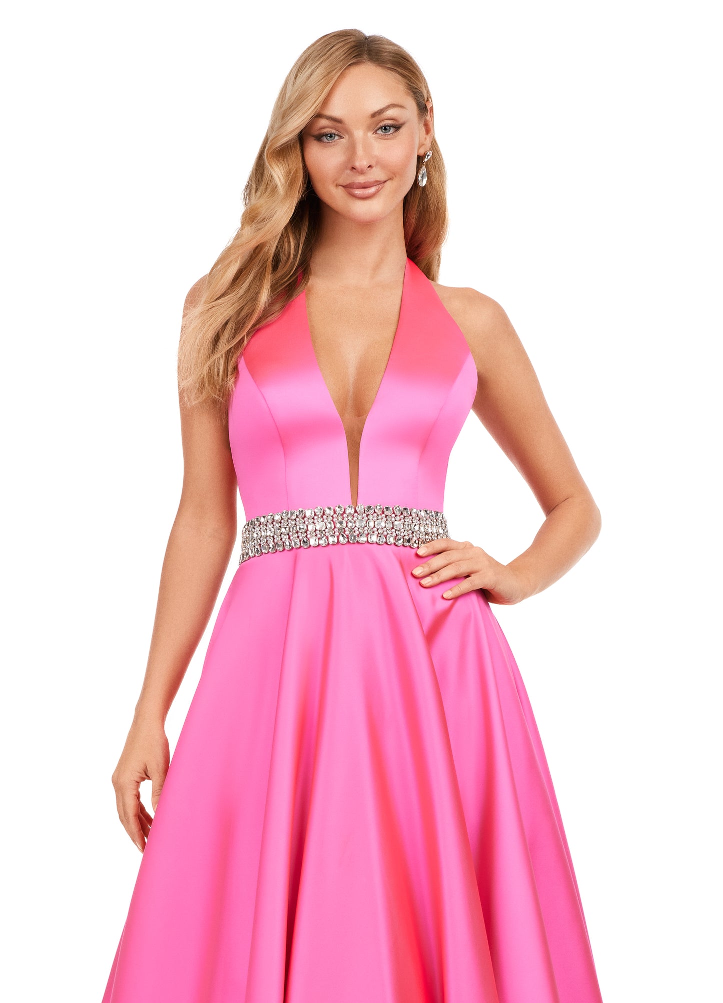 Ashley Lauren 11249 V-Neck Heavy Satin Ballgown Halter Top Open Back Crystal Belt Formal Gown. Make a statement in this beautiful long satin dress, featuring a halter neckline and crystal beaded accent belt.
