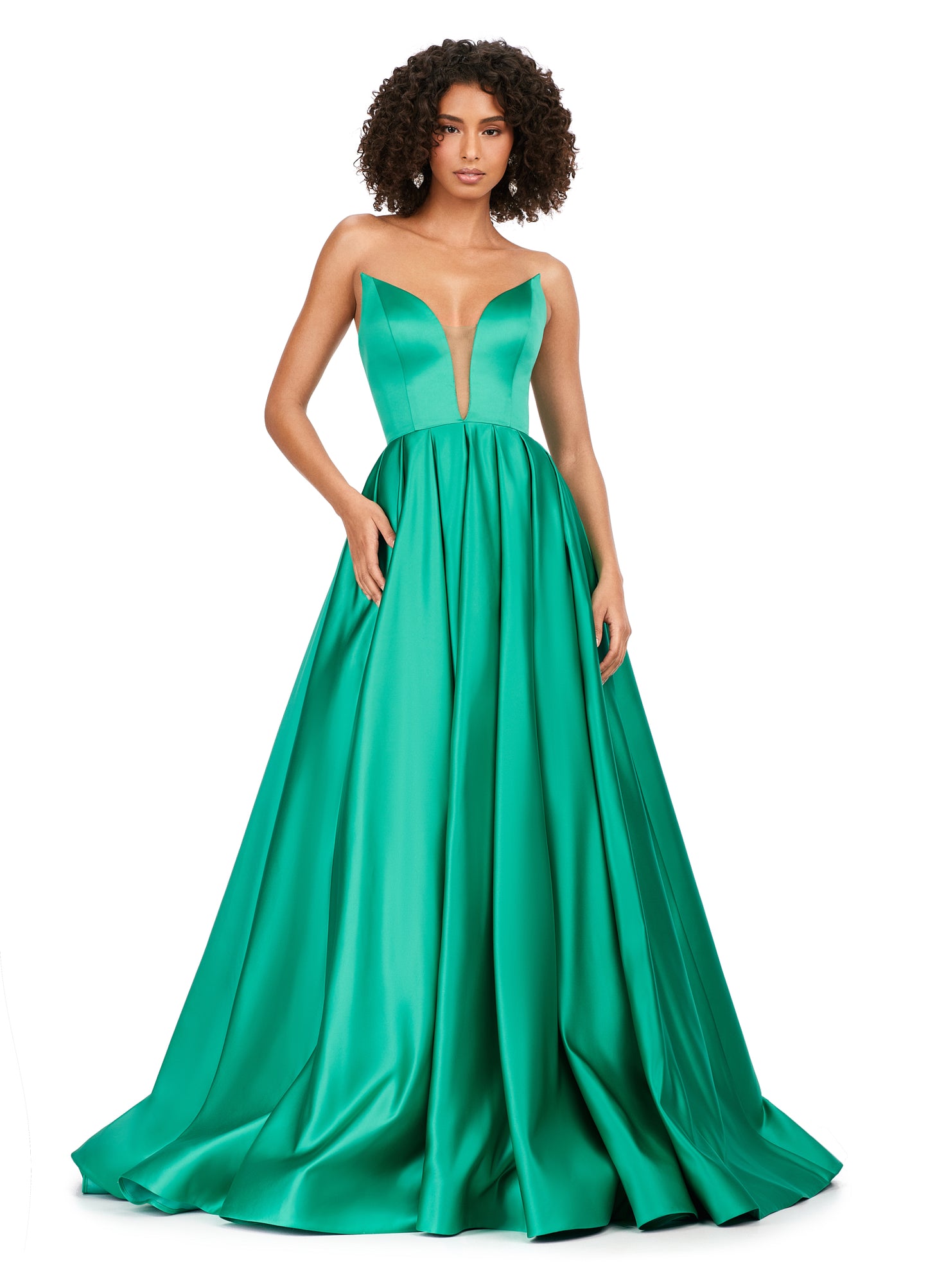 Ashley Lauren 11250 Strapless Plunging Neckline Heavy Satin A-Line Sweeping Train Ballgown Formal Dress. This satin ball gown features an elegant illusion v-neckline. The full A-Line skirt has pockets and a sweeping train.