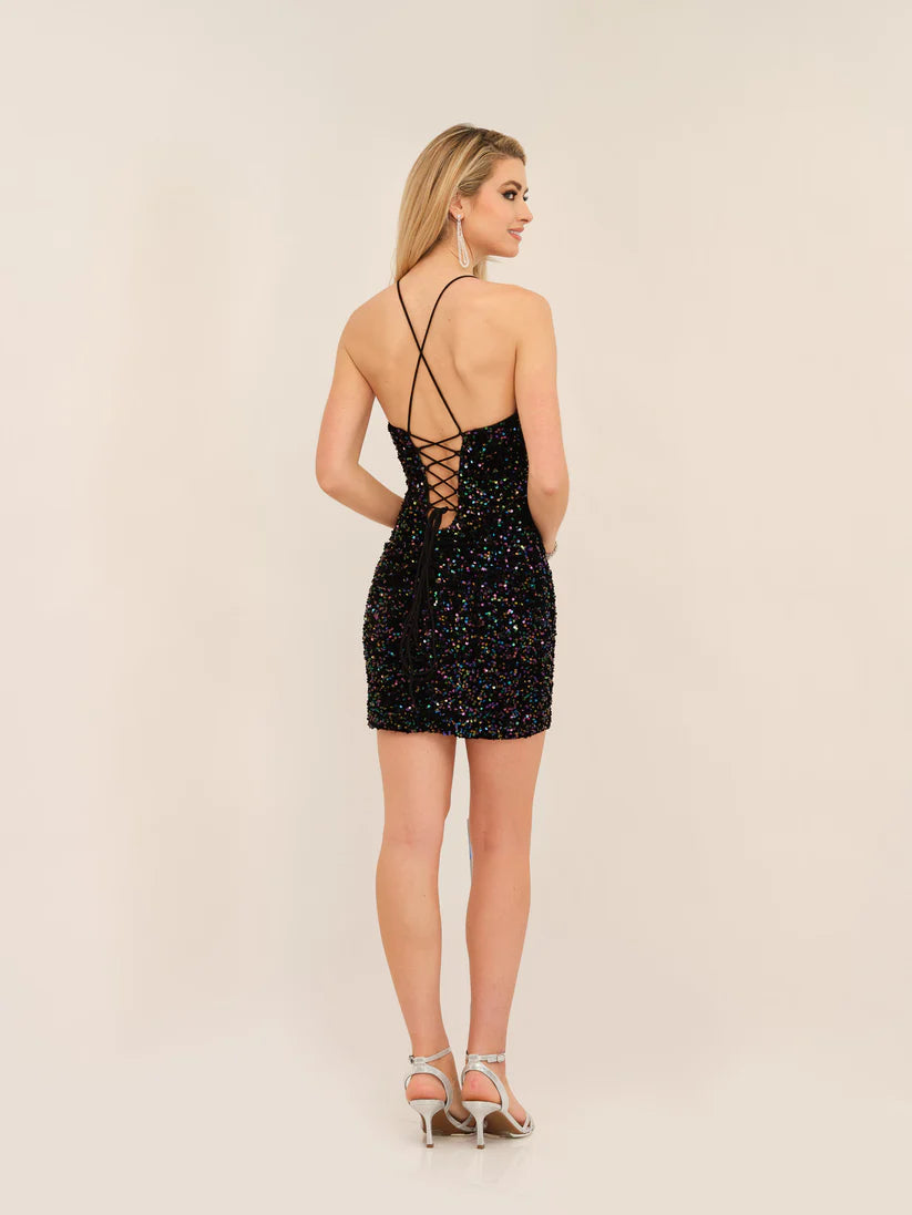 Look your best in this stunning Dave & Johnny 11256 Short Black Sequin Corset Homecoming Dress. Featuring a corset bodice with intricate sequin detailing and a classic A-line skirt, this beautiful formal cocktail gown is perfect for any special event.  Sizes: 00-18  Colors: Black
