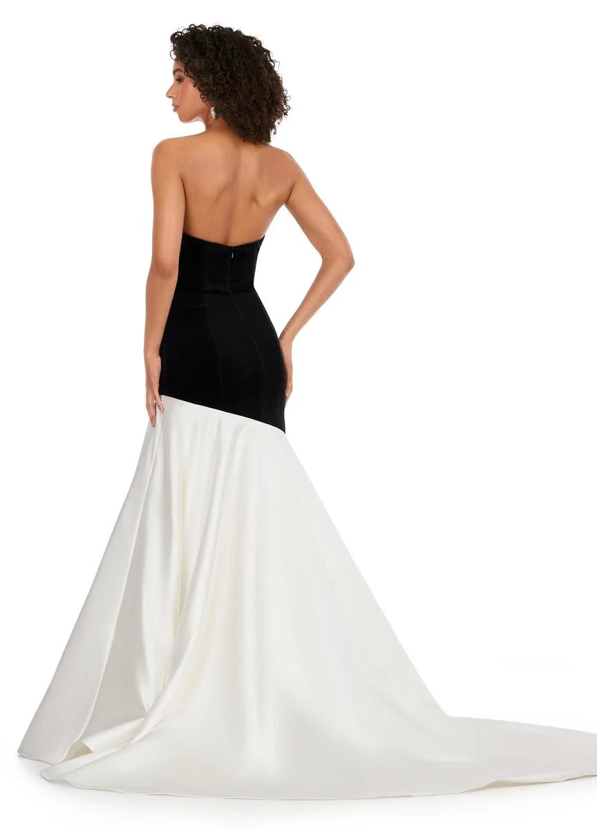 Ashley Lauren 11264 Strapless Velvet Heavy Satin Asymmetrical Flare Skirt V-Neck Mermaid Formal Gown
