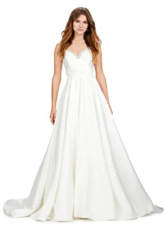 Ashley Lauren 11267 Long Prom Spaghetti Strap Heavy Satin Crystal Beading Bustier A-Line Ballgown Formal Dress