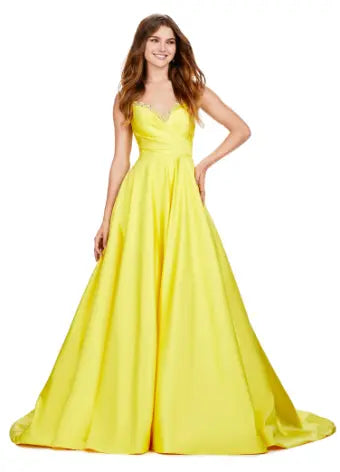 Ashley Lauren 11267 Long Prom Spaghetti Strap Heavy Satin Crystal Beading Bustier A-Line Ballgown Formal Dress