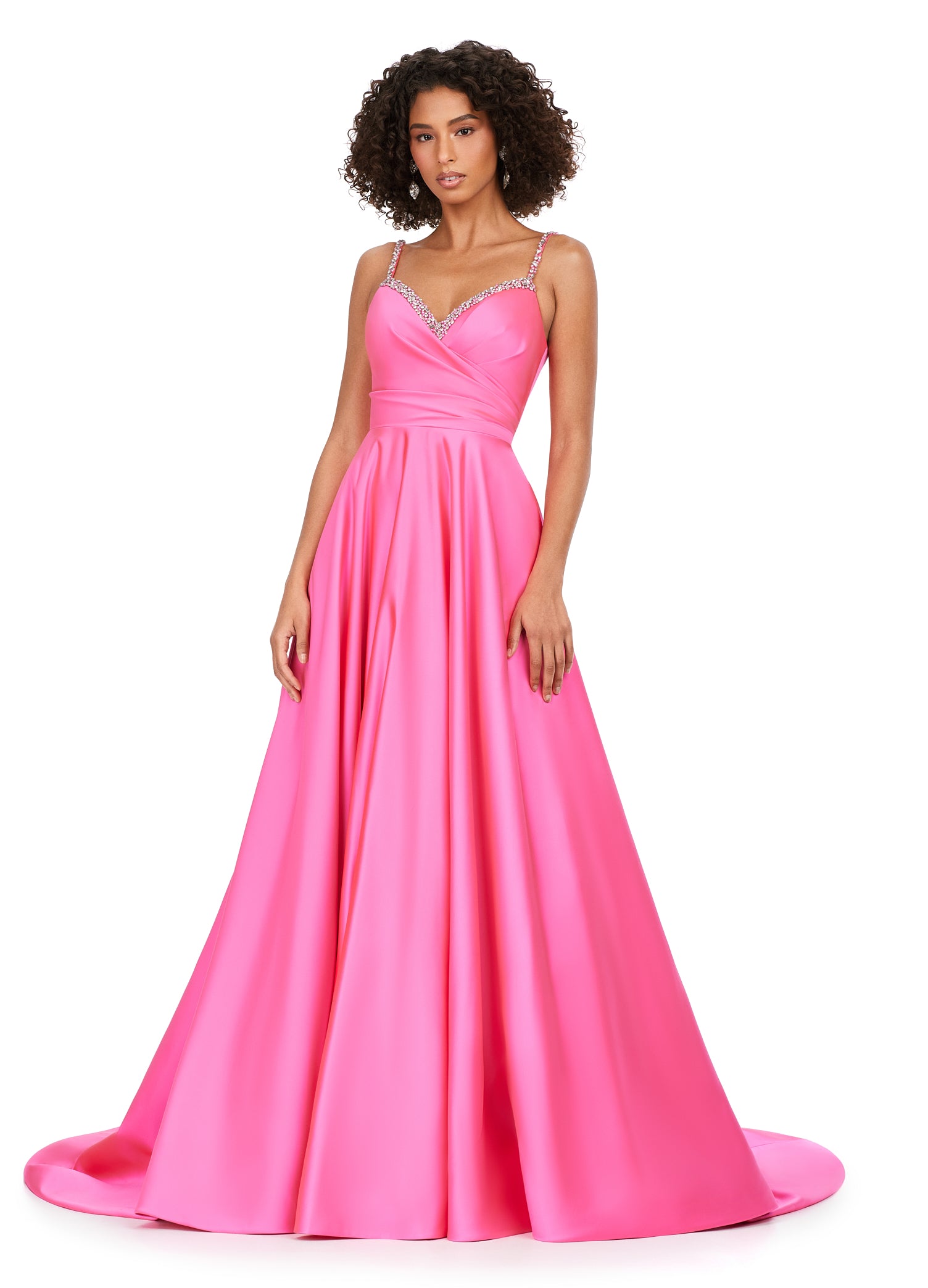 Ashley Lauren 11267 Spaghetti Strap Heavy Satin Crystal Beading Bustier A-Line Ballgown Formal Dress. Turn heads in this beautiful A-line gown, featuring spaghetti straps and eye catching crystal beading. The bustier is complete with asymmetrical ruching to perfectly accentuate your curves.