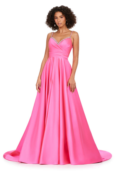 Ashley Lauren 11267 Spaghetti Strap Heavy Satin Crystal Beading Bustier A-Line Ballgown Formal Dress. Turn heads in this beautiful A-line gown, featuring spaghetti straps and eye catching crystal beading. The bustier is complete with asymmetrical ruching to perfectly accentuate your curves.