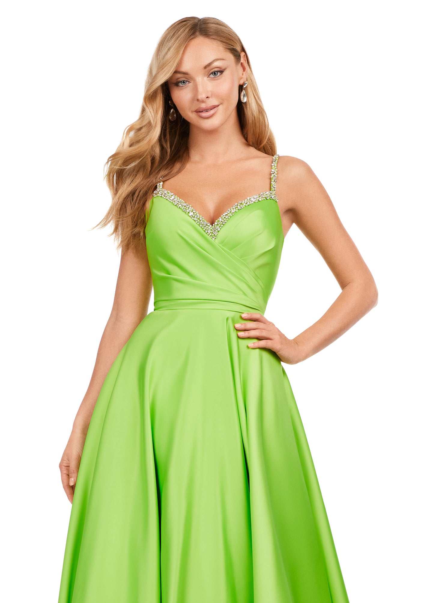 Ashley Lauren 11267 Spaghetti Strap Heavy Satin Crystal Beading Bustier A-Line Ballgown Formal Dress. Turn heads in this beautiful A-line gown, featuring spaghetti straps and eye catching crystal beading. The bustier is complete with asymmetrical ruching to perfectly accentuate your curves.