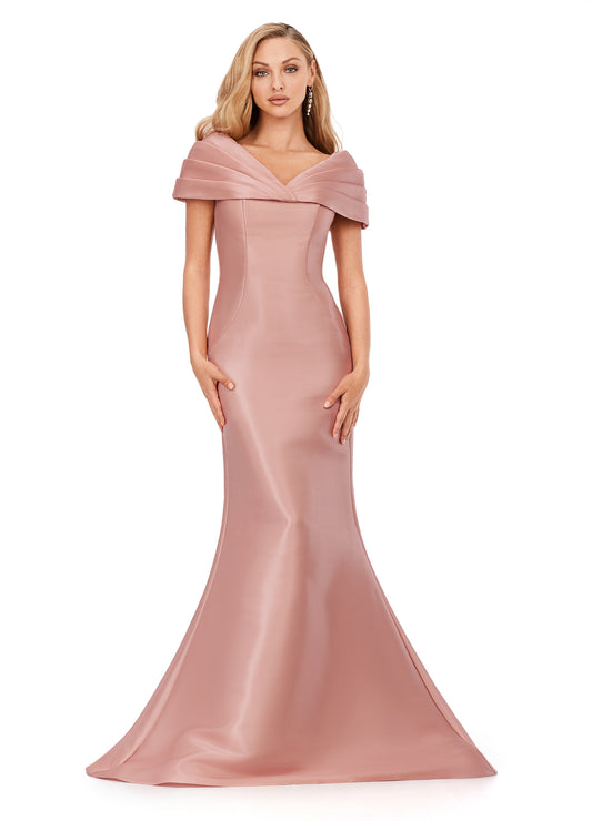 Ashley Lauren 11300 Phantom Satin Pleated Off The Shoulder Mermaid Sweeping Train Evening Gown. Beyond elegant, this off the shoulder mermaid evening gown will make you feel like royalty. The off shoulder neckline is adorned with pleating. The gown is complete with a sweep train.