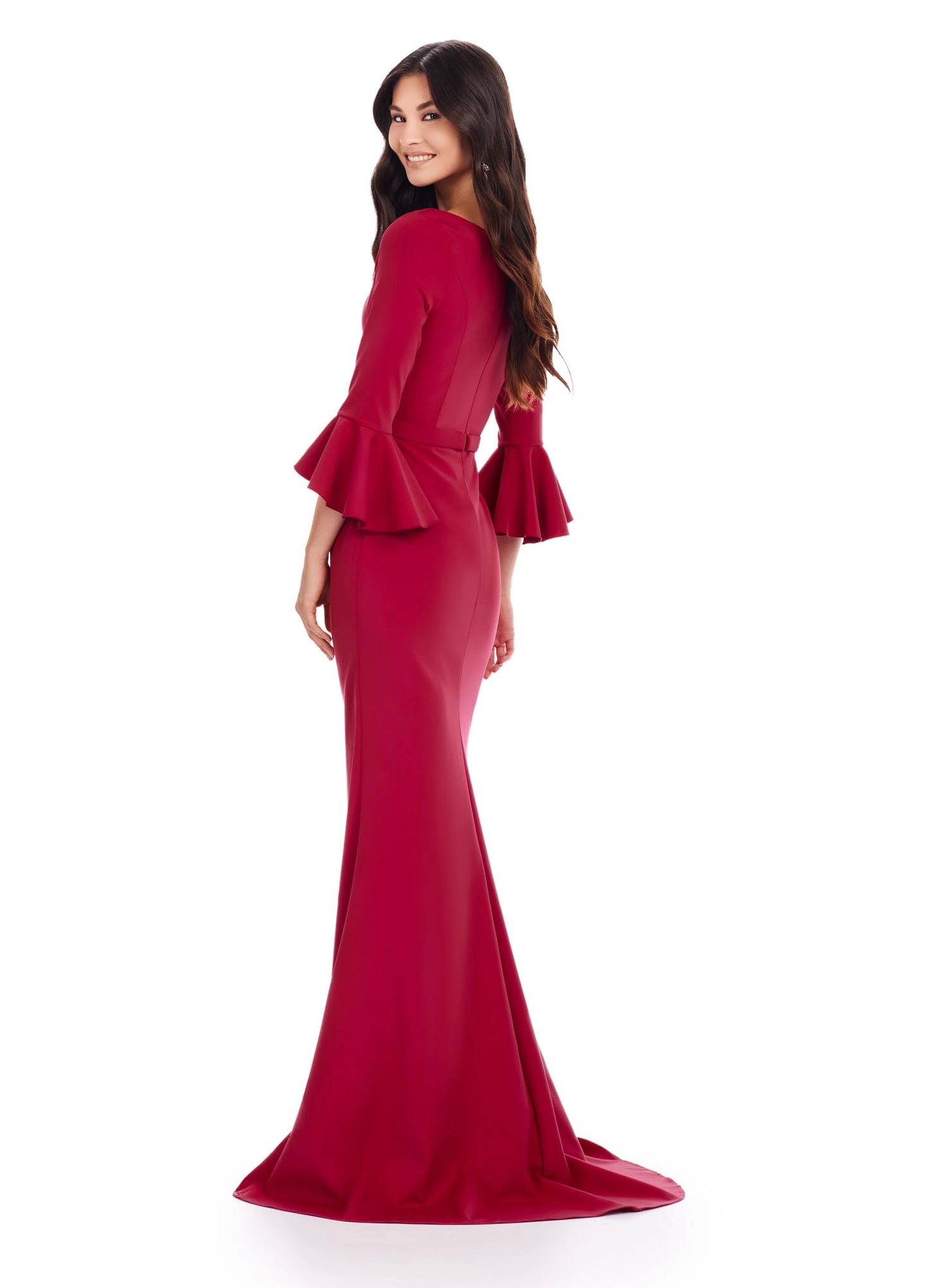 Ashley Lauren 11325 Crew Neck Three Quarter Flutter Sleeves Ruched Skirt Fitted Gown. This timeless and elegent evening gown features flutter three quarter sleeves. The skirt is adorned with ruching and finished with a sweep train.