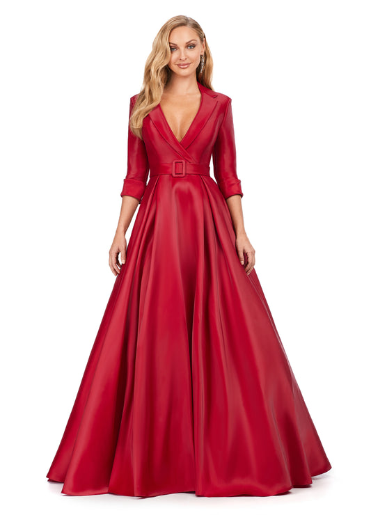 Ashley Lauren 11326 Satin Ballgown With Lapel V-Neck Gown. This stunning satin ball gown features a v-neckline. The bustier is complete with a wrap lapel that gives way to a buckled belt. *pssst...it also has pockets!