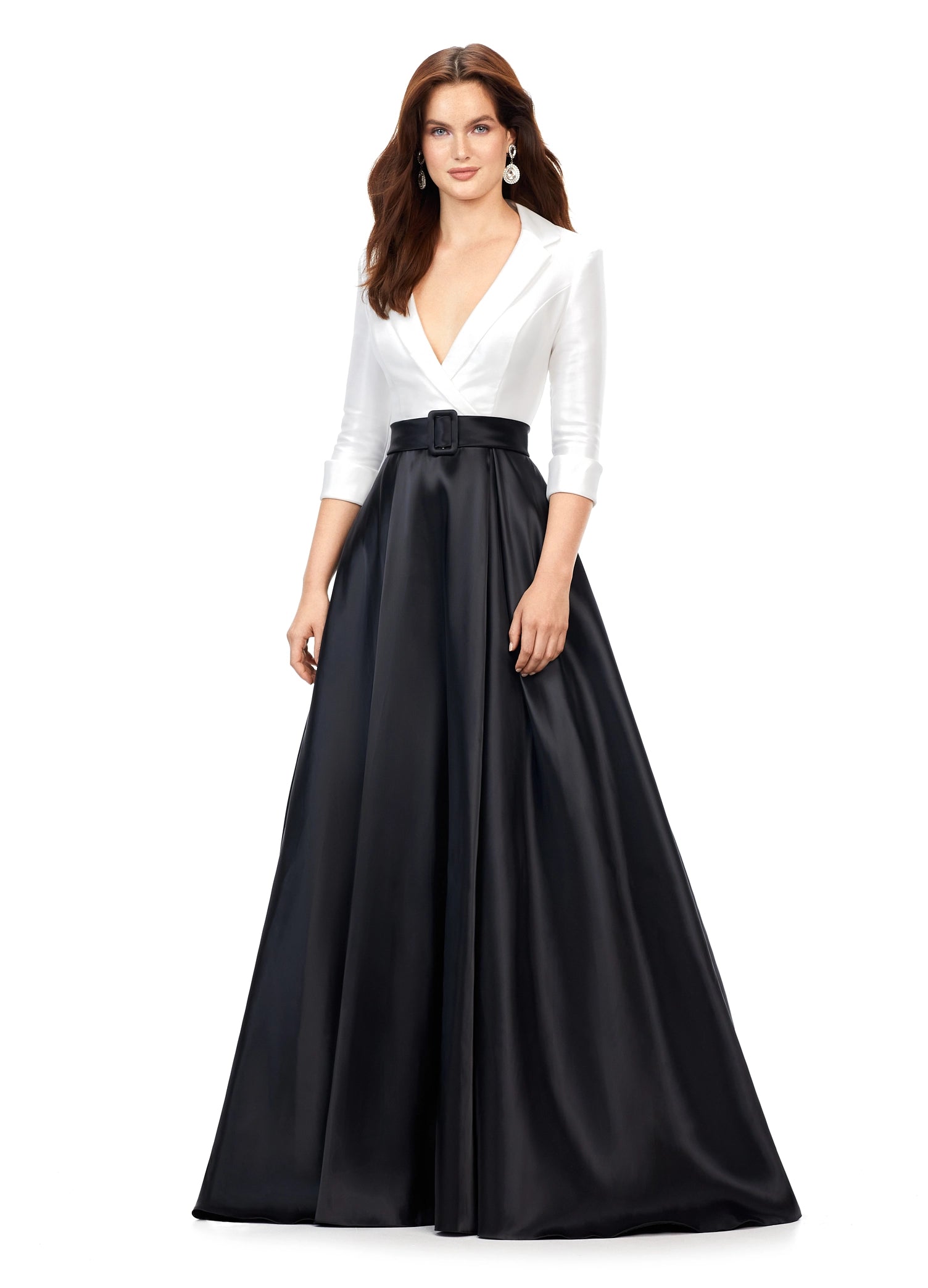 Ashley Lauren 11326 Satin Ballgown With Lapel V-Neck Gown. This stunning satin ball gown features a v-neckline. The bustier is complete with a wrap lapel that gives way to a buckled belt. *pssst...it also has pockets! Ashley Lauren 11326 Satin Ballgown Long Sleeve Formal Dress Holiday Party Mother of Gown