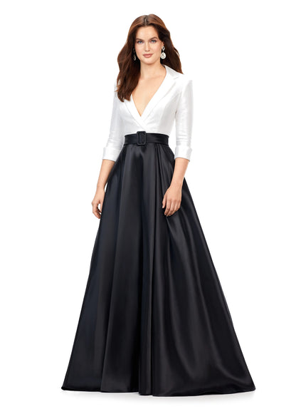 Ashley Lauren 11326 Satin Ballgown With Lapel V-Neck Gown. This stunning satin ball gown features a v-neckline. The bustier is complete with a wrap lapel that gives way to a buckled belt. *pssst...it also has pockets! Ashley Lauren 11326 Satin Ballgown Long Sleeve Formal Dress Holiday Party Mother of Gown