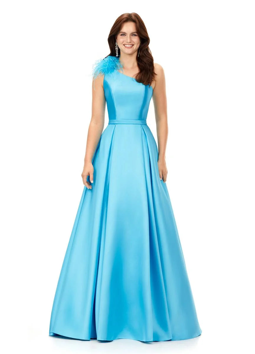 Ashley Lauren 11336 One shoulder Prom Dress A line Feather Trim Shoulder Ballgown  Size 0   Color turquoise 