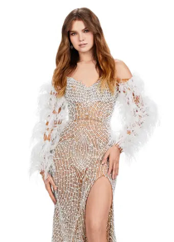 This Ashley Lauren 11359 Long Prom Dress is a fully beaded gown with feather sleeves, perfect for any formal occasion or pageant. The intricate beading and feather details add a touch of elegance and style, making you stand out in the crowd. Look and feel like a true queen in this stunning dress. We're living for this glam gown! This fitted, fully beaded dress features a sweetheart neckline with feather sleeves and a left leg slit.