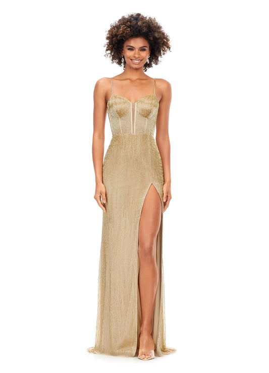 Ashley Lauren 11369 This liquid beaded style features an exposed bustier that is sure to accentuate your curves. The look is complete with sweep train and left leg slit. Spaghetti Straps Exposed Bustier Left Leg Slit Fully Liquid Beading Size: 2, 6  Color: GOLD