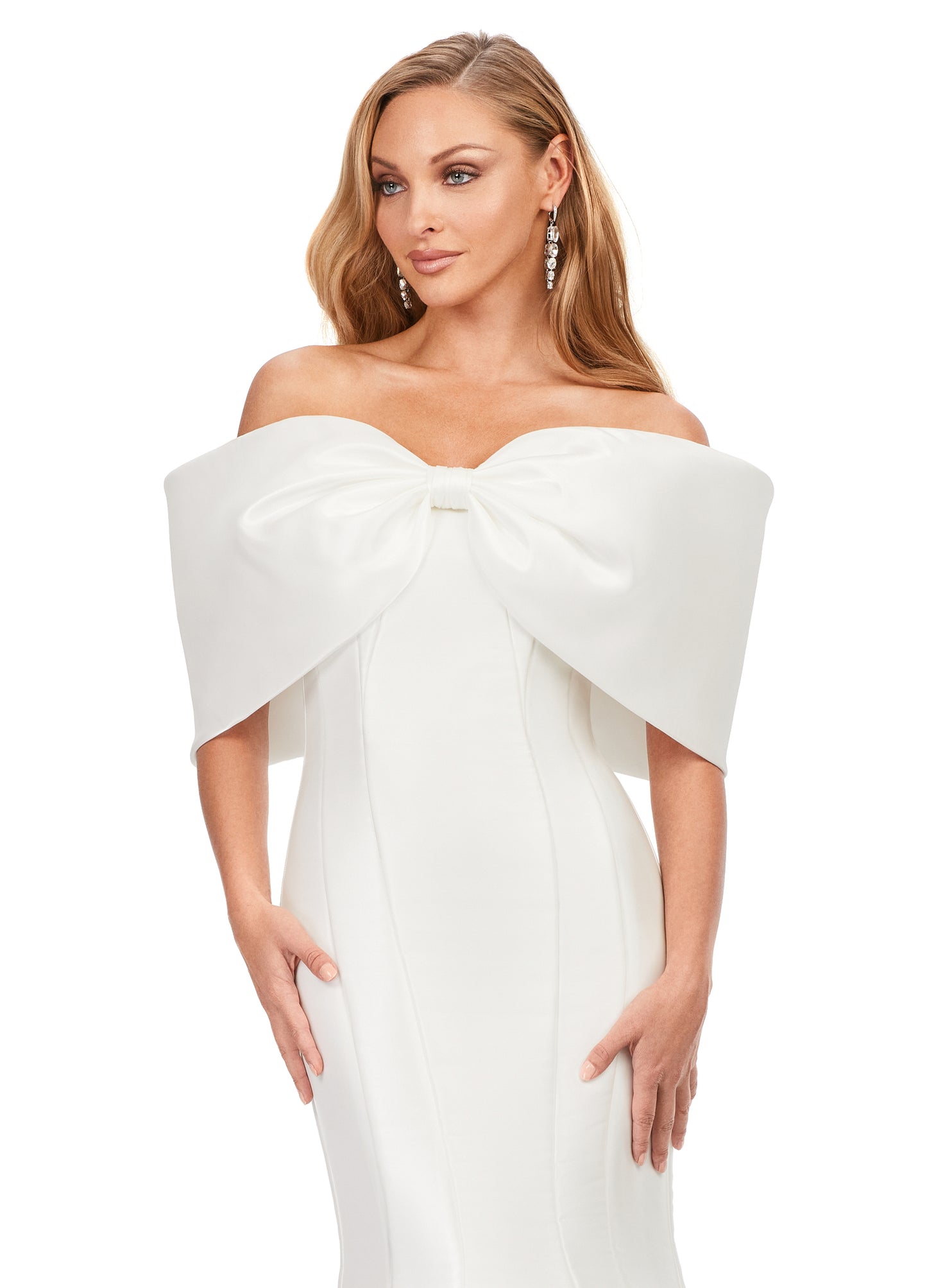 Ashley Lauren 11380 Off The Shoulder Phantom Satin Oversized Bow Long Train Gown Formal Dress. An elegant gown fit for any occasion. The dramatic oversized bow wraps around creating an off shoulder silhouette. The back seam is adorned with buttons.