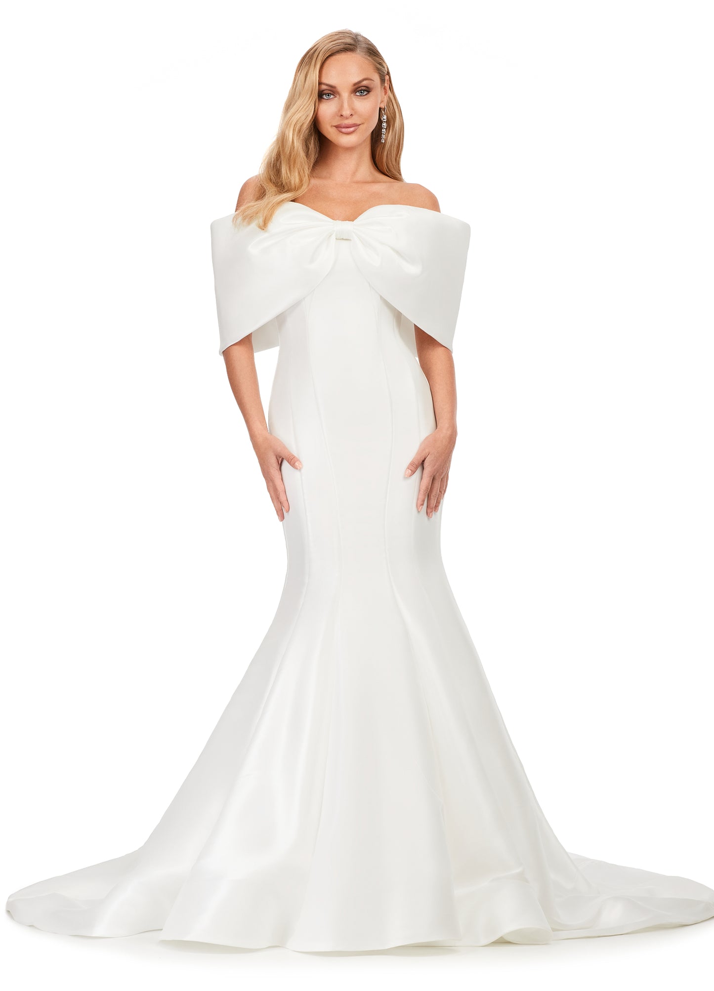 Ashley Lauren 11380 Off The Shoulder Phantom Satin Oversized Bow Long Train Gown Formal Dress. An elegant gown fit for any occasion. The dramatic oversized bow wraps around creating an off shoulder silhouette. The back seam is adorned with buttons.