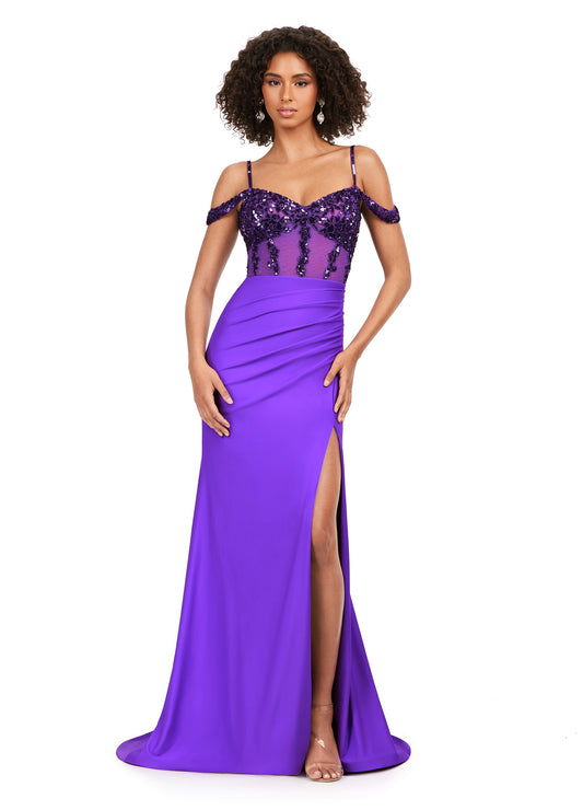Ashley Lauren 11391 Off The Shoulder WIth Strap Beaded Corset Jersey Gown Formal Dress. All eyes will be on you in this stand out evening dress. This look is complete with a beaded corset, off shoulder straps and a jersey skirt.