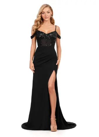 Ashley Lauren 11391 Long Prom Off The Shoulder With Strap Beaded Corset Jersey Gown Formal Dress