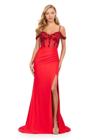 Ashley Lauren 11391 Long Prom Off The Shoulder With Strap Beaded Corset Jersey Gown Formal Dress