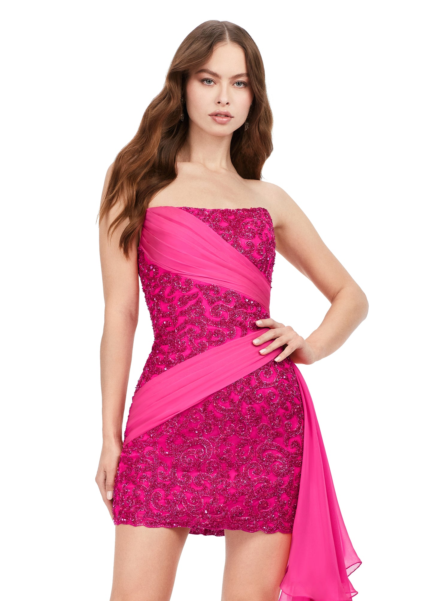 Ashley Lauren 11392 Chiffon Side Overskirt Fully Beaded Strapless Cocktail Homecoming Dress. Stay FABULOUS in this fully beaded cocktail dress. This look is complete with chiffon wrapped details that give way to a flowing chiffon side skirt.