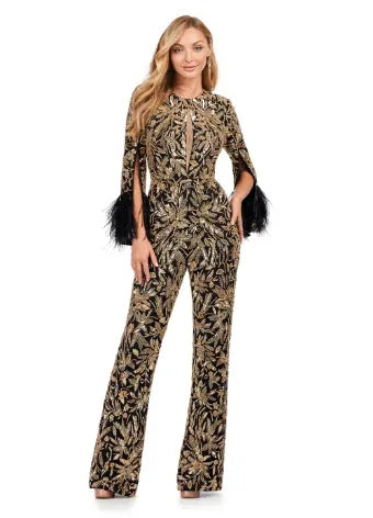 The Ashley Lauren 11394 Fully Beaded Jumpsuit with Feathers is a stunning choice for any formal event. This jumpsuit features intricate beading and elegant feather detailing, adding an extra touch of luxury. Designed by Ashley Lauren, a renowned expert in the fashion industry, this jumpsuit is sure to make a statement. Perfect for prom or any special occasion. Make a statement in this extravagant jumpsuit! Fully beaded with an open back and feathered cuffs, the details in this jumpsuit is sure to WOW!