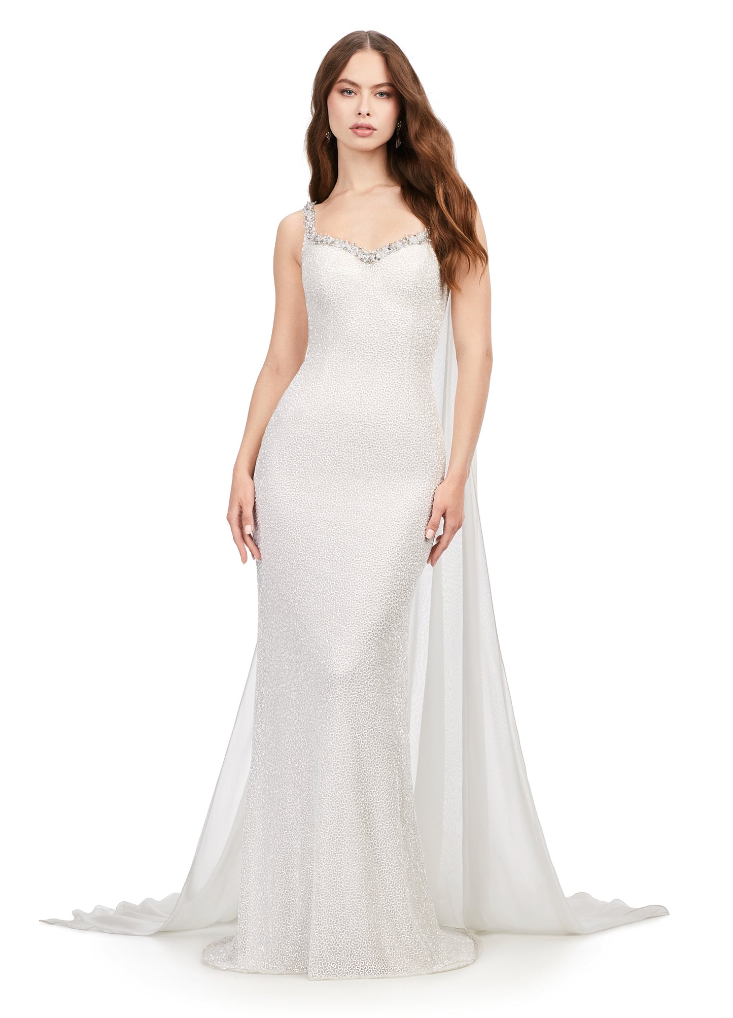 Ashley Lauren 11398 Vermicelli Beaded Gown with Chiffon Cape Crystal Detail Sweetheart Neckline Dress. Talk about stunning! This fully vermicelli beaded gown features crystal adorned straps that continues along the trim of the bustier. The look is complete with a chiffon cape.