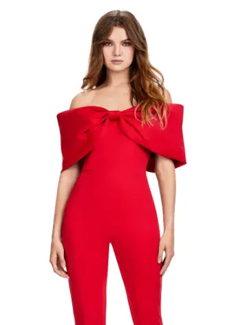 jumpsuit dress off shoulder Ashley Lauren 11414 Off Shoulder Scuba Jumpsuit with Oversized Bow Formal Prom 10 / Red