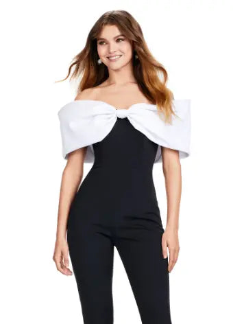 Ashley Lauren 11414 Off Shoulder Scuba Jumpsuit with Oversized Bow