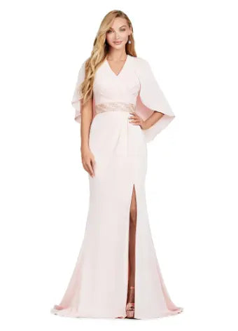 Discover elegance and sophistication with the Ashley Lauren 11416 Long Prom Dress. Made from crepe fabric and adorned with a beaded belt, this dress boasts a sleek and modern look. With an overlay and slit, it is perfect for formal occasions or pageants. Stand out in style and confidence. Dazzle all night in this elegant evening gown. The ruched V-Neck bustier is adorned with a beaded belt and a modern overlay. The wrap skirt is complete with a left leg slit.