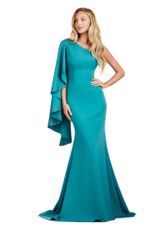 Elevate your formal ensemble with the Ashley Lauren 11421 Long Prom Dress. This fitted one shoulder gown features cascading ruffle sleeves, adding an elegant touch to your look. Perfect for pageants and prom, this dress is sure to make a statement. Expertly crafted for a flawless fit. This dress is all about classic elegance. The one shoulder design features a cascading ruffle sleeve with press on stone details.