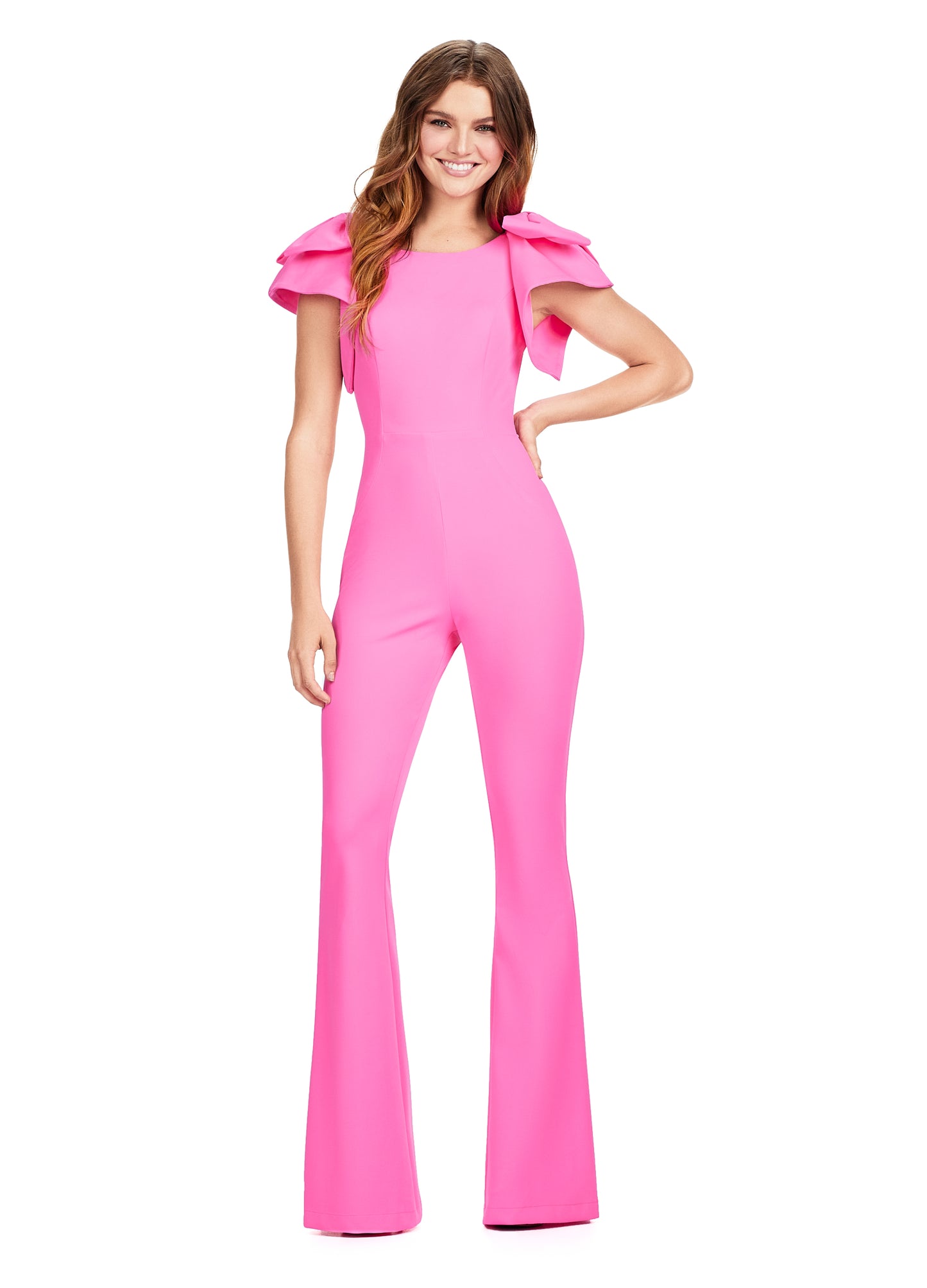Elevate your formalwear with the Ashley Lauren 11422 Prom Scuba Jumpsuit. Made from high-quality scuba fabric, this jumpsuit features oversized bows for a unique touch. Perfect for pageants and prom, it's sure to make a statement. Experience comfort and style in one with this must-have piece. Step out in style in this scuba jumpsuit featuring oversized bow sleeves.