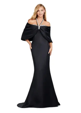 Combining elegance and modern style, the Ashley Lauren 11424 Long Prom Dress is perfect for any formal event. The fitted strapless design flatters your figure, while the oversized off-shoulder bow adds a touch of sophistication. With its stunning overlay and sleek silhouette, this dress will make you stand out in any pageant or evening occasion. Dazzle the crowd with this stunning strapless evening gown. The look is complete with a separate halter style overlay adding elegance to the look.