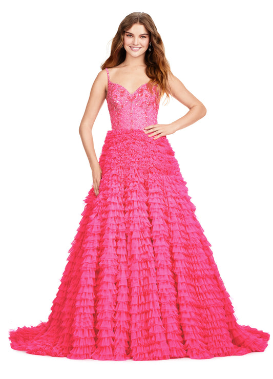 Make a statement in this Ashley Lauren 11427 long prom dress. The fully beaded bodice adds a touch of glamour while the layered tulle skirt creates volume and movement. Perfect for formal events and pageants, this ball gown will make you feel like a true queen. Turn heads in this gorgeous ball gown! With its fully beaded bodice and full layered tulle skirt, you'll feel like a queen!