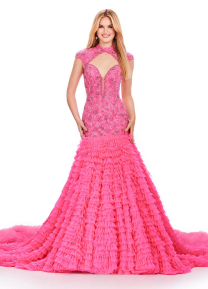Ashley Lauren 11428 Crystal Beaded Backless Pageant Dress Bridal Mermaid Ruffle Tier Serving you ALL the drama, this stunning mermaid gown is full of tiered tulle that keeps on giving! The fully beaded bodice has an open back, crew neckline with cutout and cap sleeves. Fully Crystal Beaded Bodice cutout neckline. luxurious train for all the drama. Backless Pageant Dress.    COLORS: Ivory, Hot Pink Sizes: 0-16