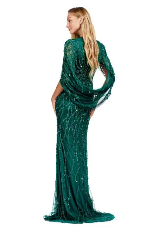 This long prom dress by Ashley Lauren 11430 features a stunning sequin V-neck and elegant cape sleeves, perfect for a formal pageant or evening event. The modern design and quality construction make it a must-have for any fashion-forward individual looking to make a statement. Look and feel confident in this unique, eye-catching gown. 
